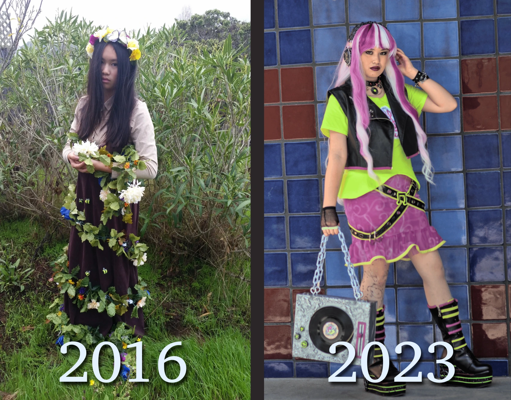 side by side comparison of a 2016 fiona frauenfeld cosplay and a 2023 melody piper cosplay