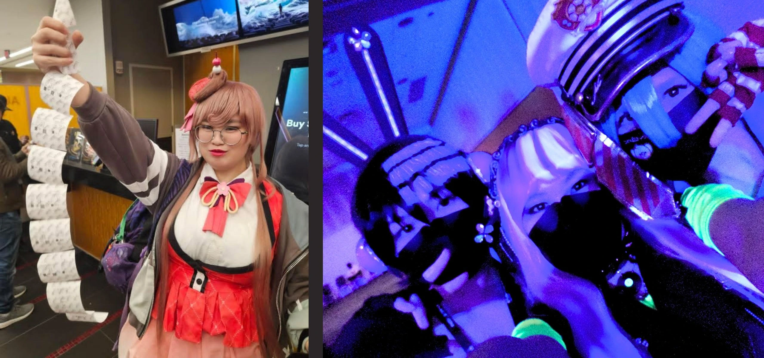 croc cosplaying yugiri at a movie theater while holding up a long strip of movie tickets like a fish and a selfie of croc as melody piper with friends under a blacklight