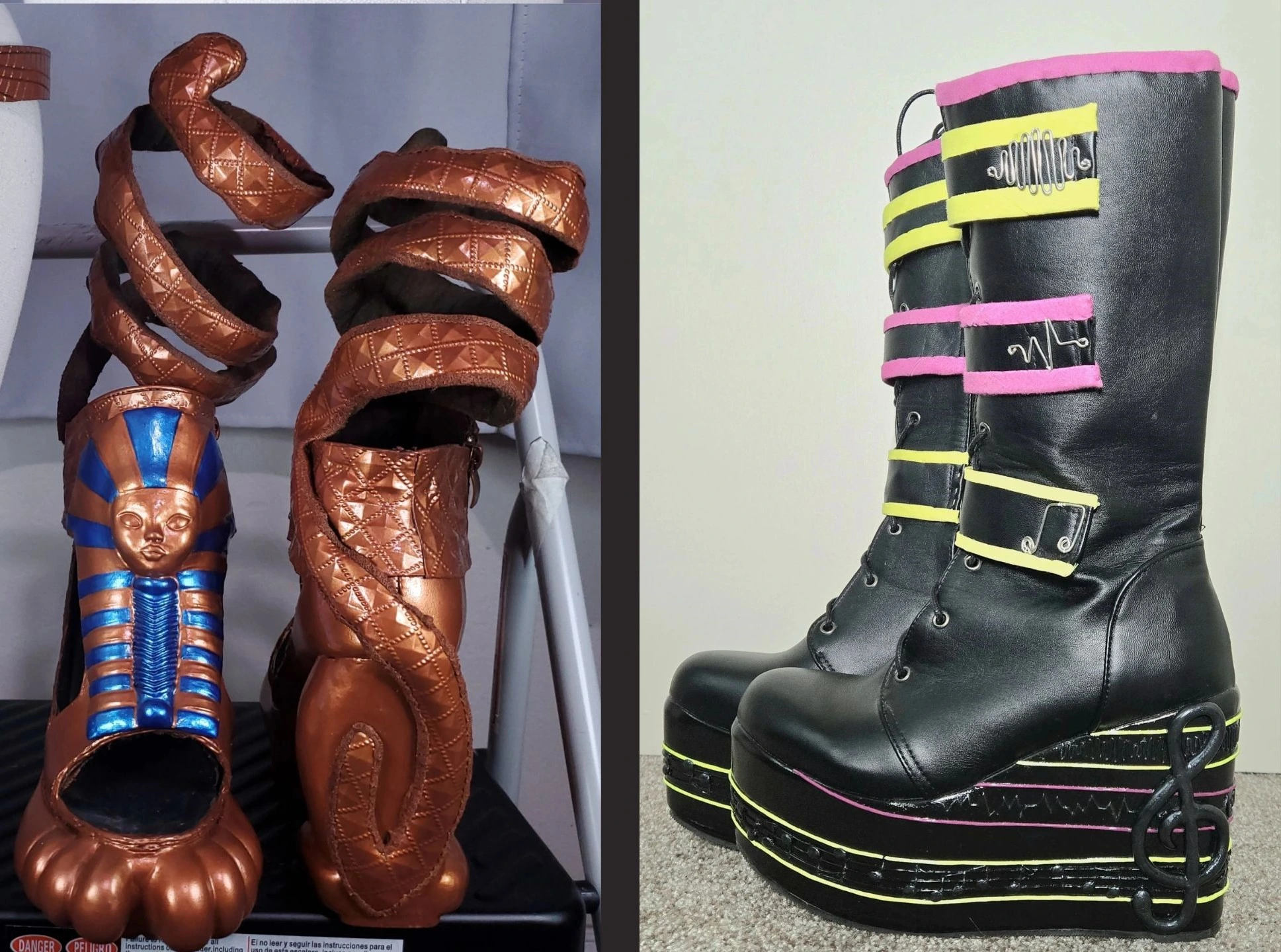 cosplay recreations of Monster High Cleo De Nile's Boo York shoes and Ever After High Melody Piper shoes