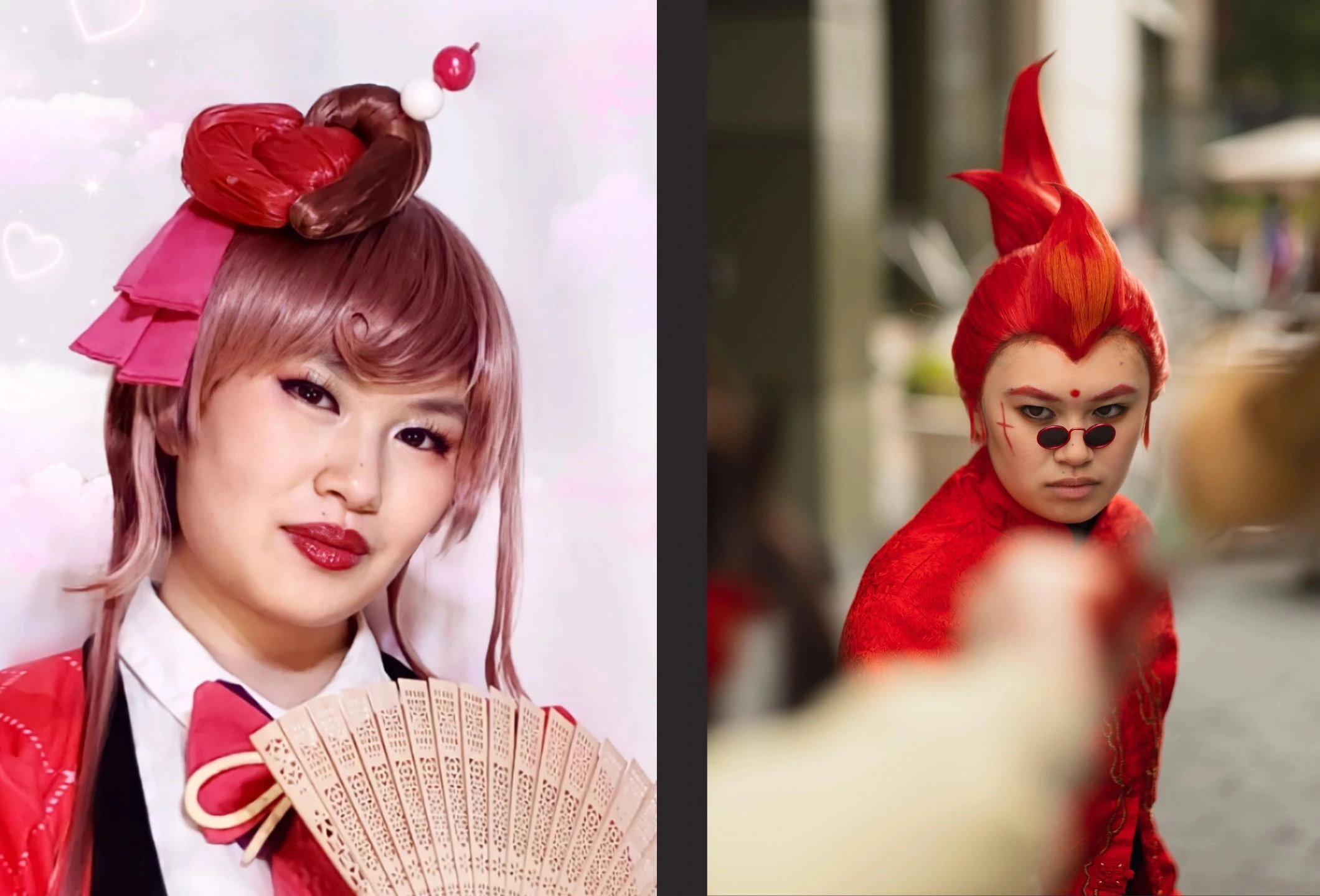 headshots of croc's Zombieland Saga Yugiri cosplay and Lego Monkie Kid Red Son cosplay